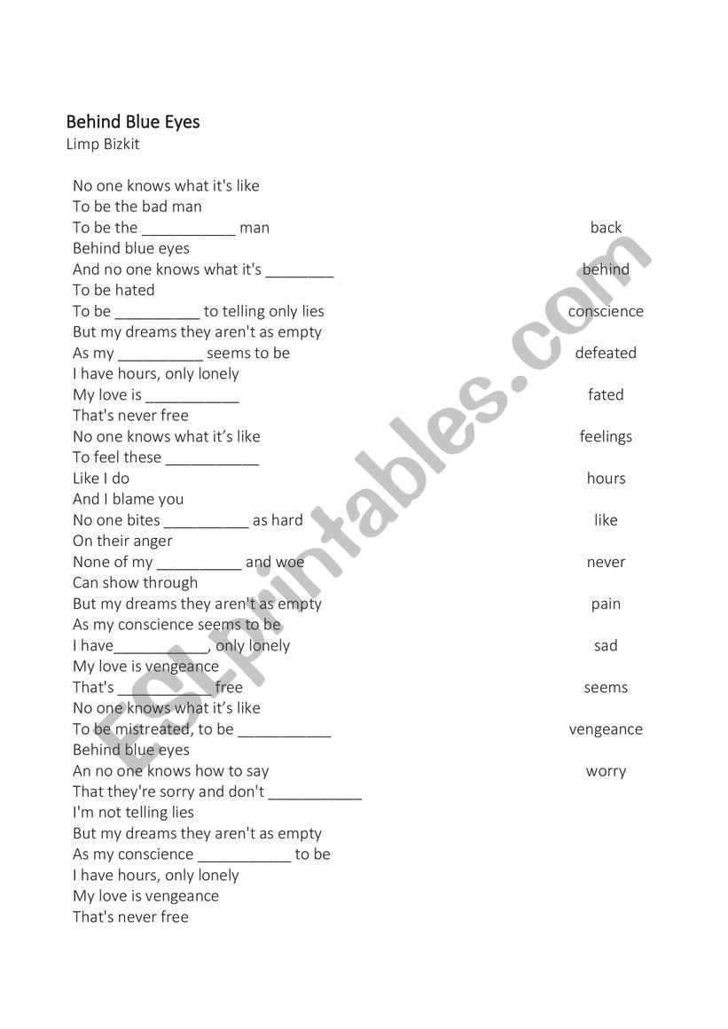 Behind Blue Eyes - song worksheet