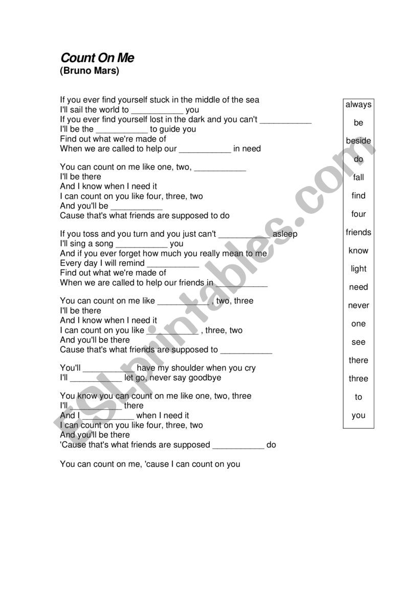 Count on me - Bruno Mars worksheet