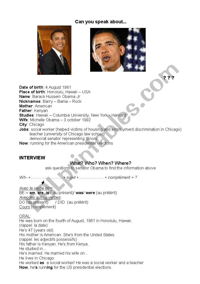Barack ObamaÂ´s biography worksheet