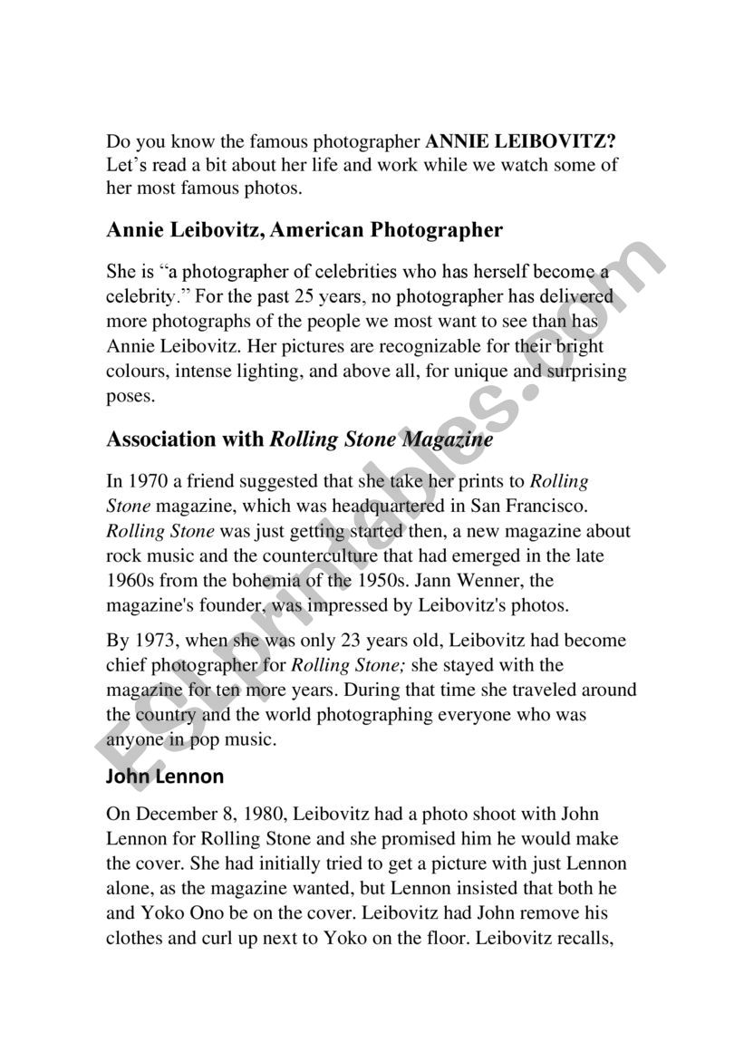 ANNIE LEIBOVITZ worksheet