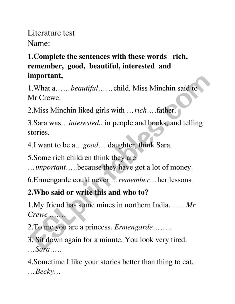 English Literature Worksheets