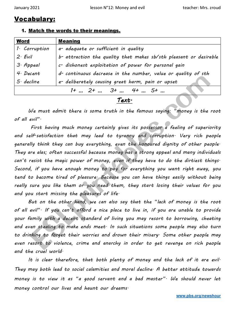 Money and Evil worksheet