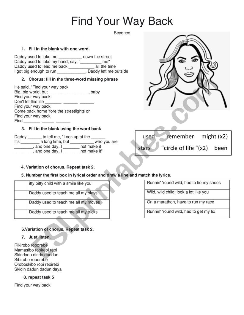 Beyonce Find Your Way Back worksheet