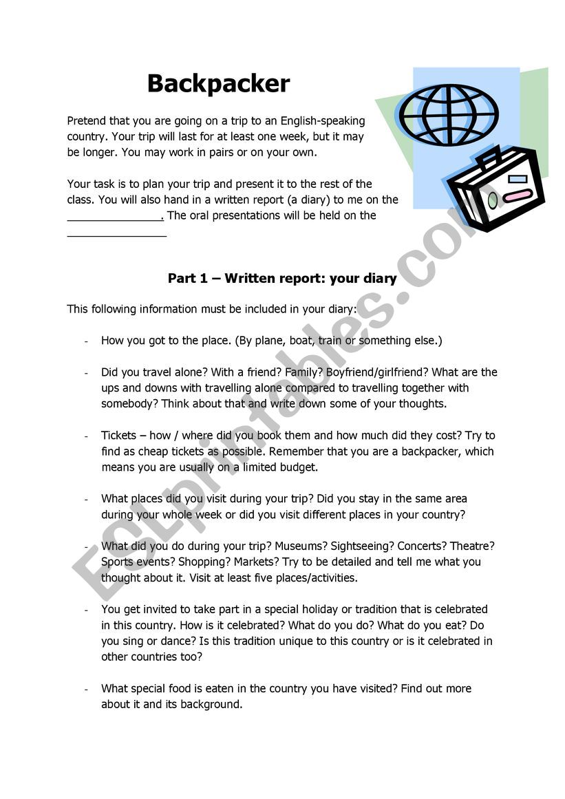 Backpacker project worksheet