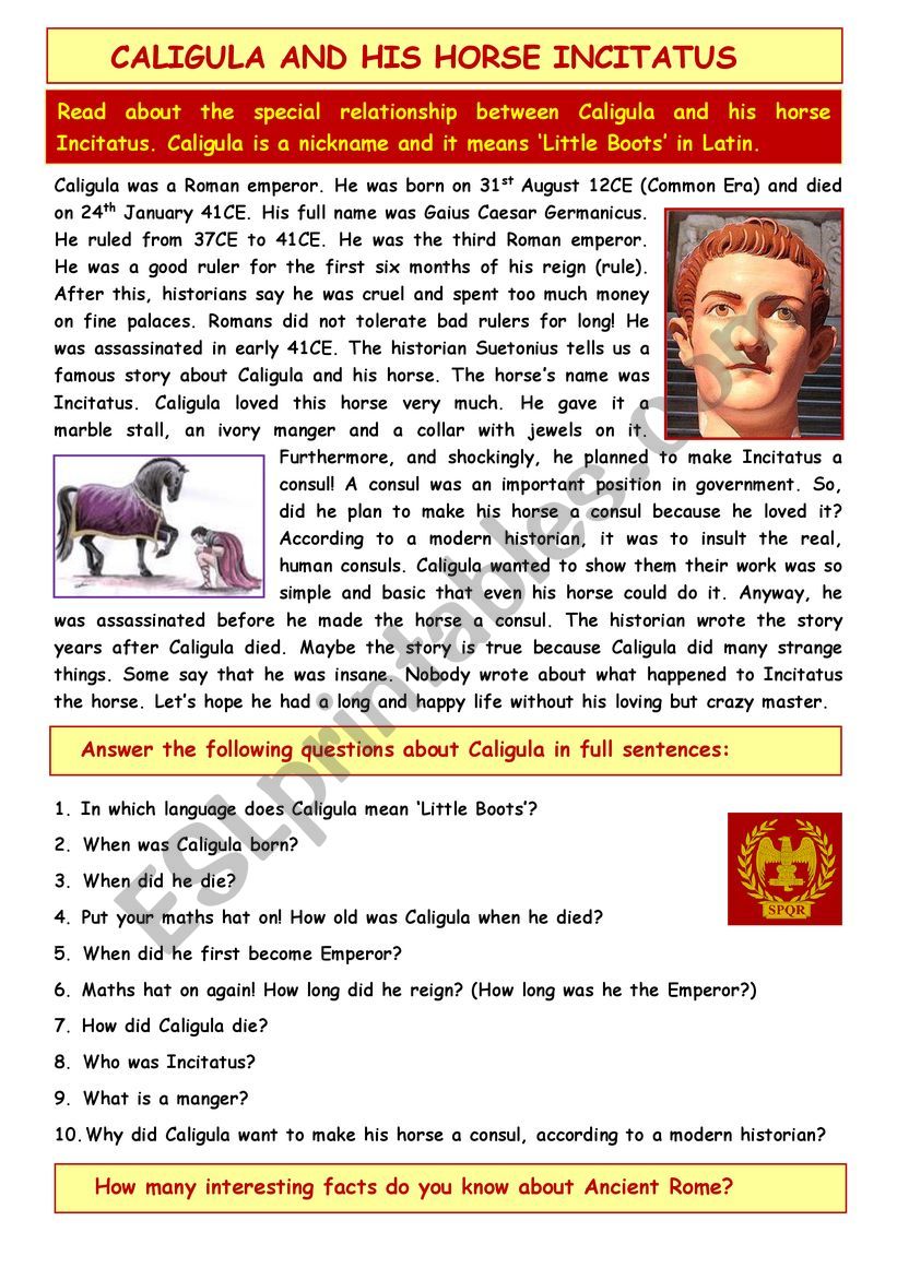 RC: Caligula and his horse worksheet
