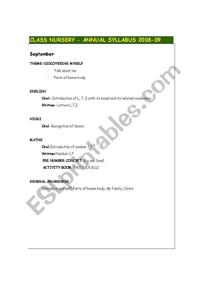 Nursery Class Syllabus worksheet