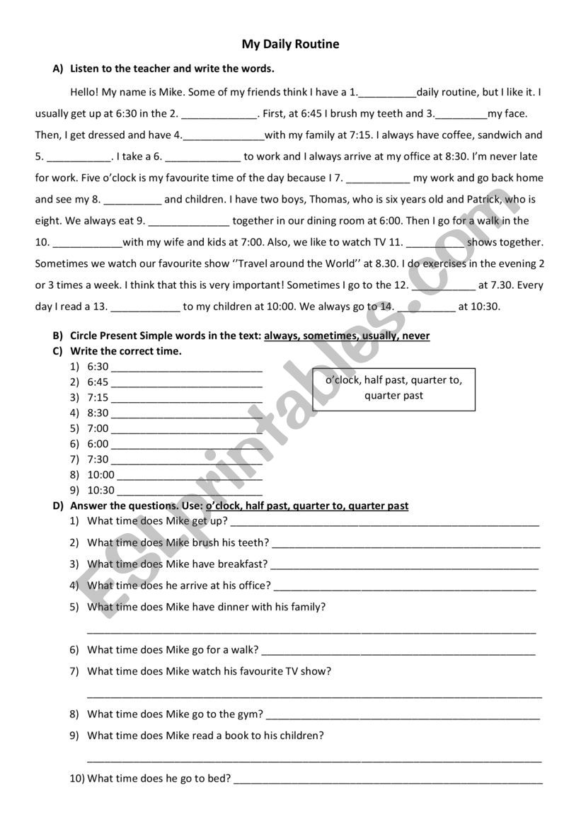 Mike�s Daily Routine worksheet