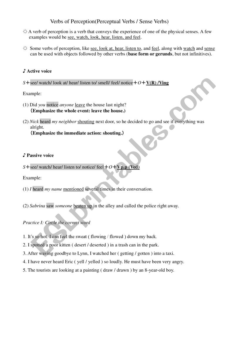 Sense verbs worksheet