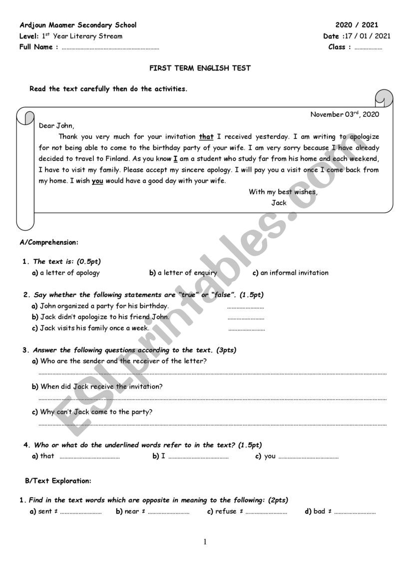 A letter of apology worksheet