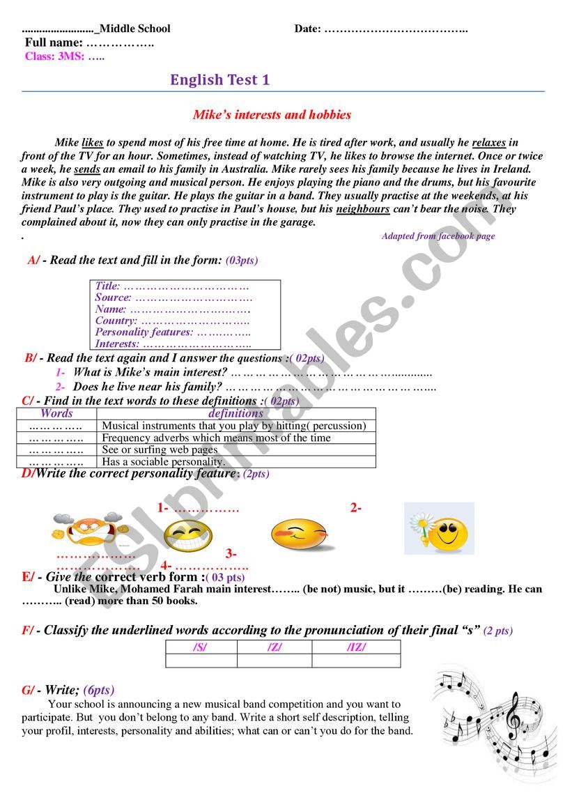 the First Test First Term worksheet