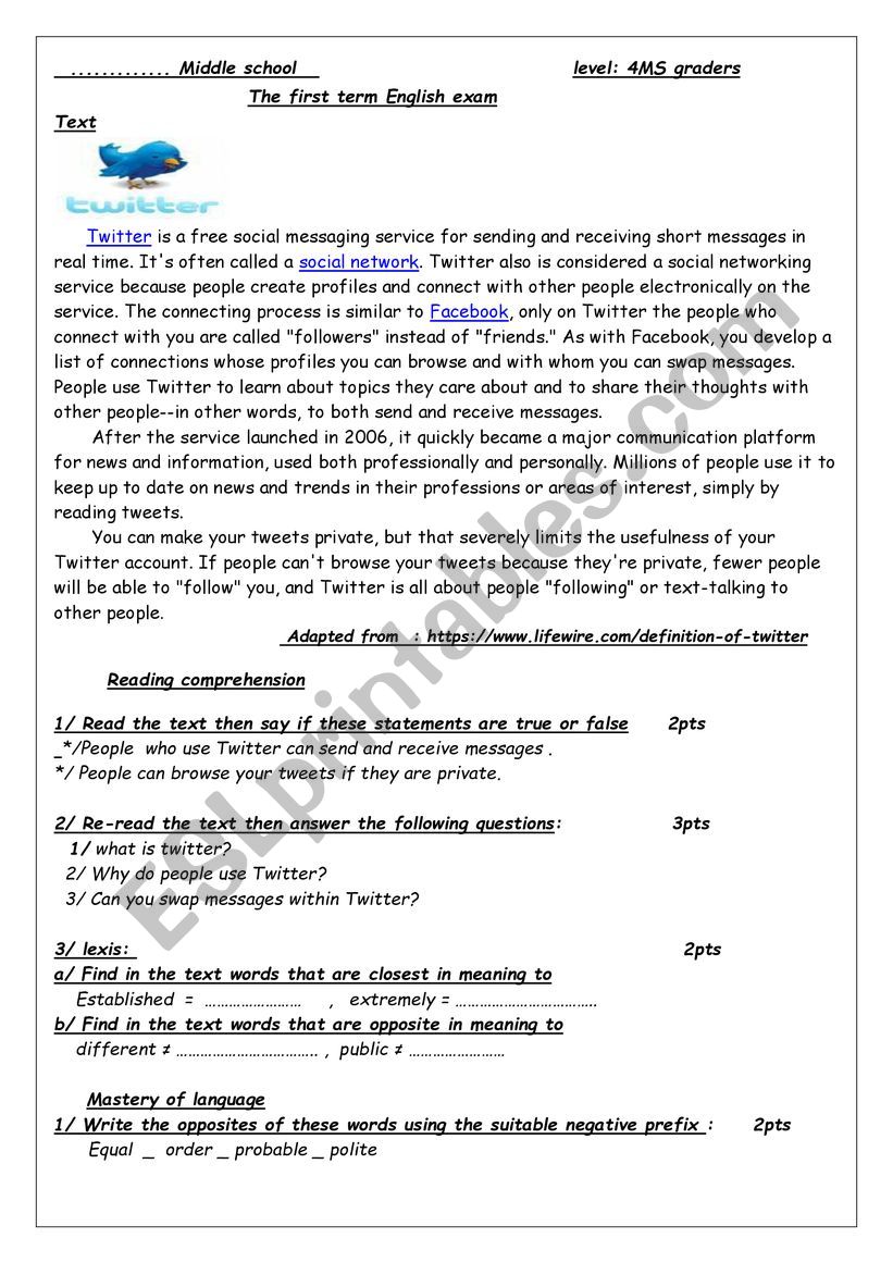 The First Term Exam worksheet