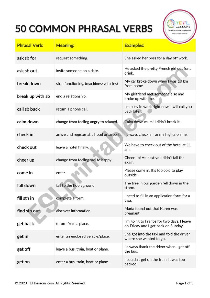 50 Common Phrasal Verbs worksheet