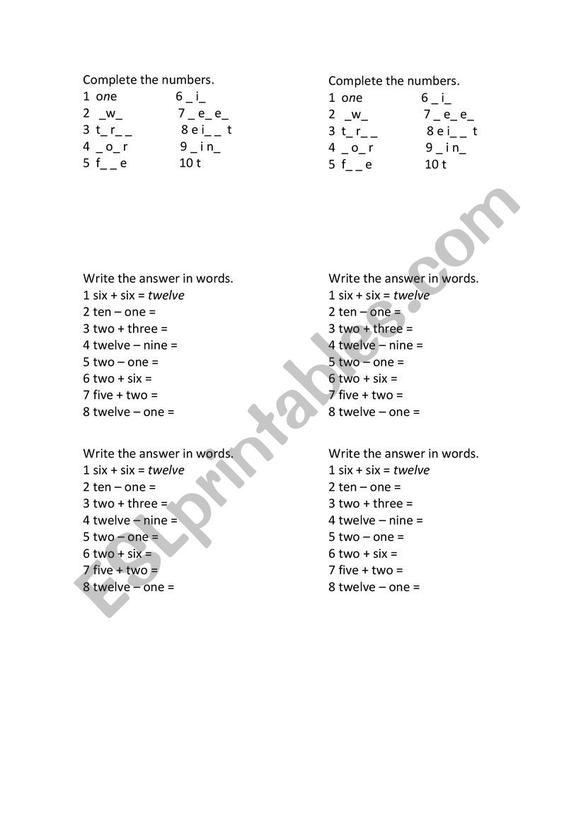 comlete the numbers worksheet