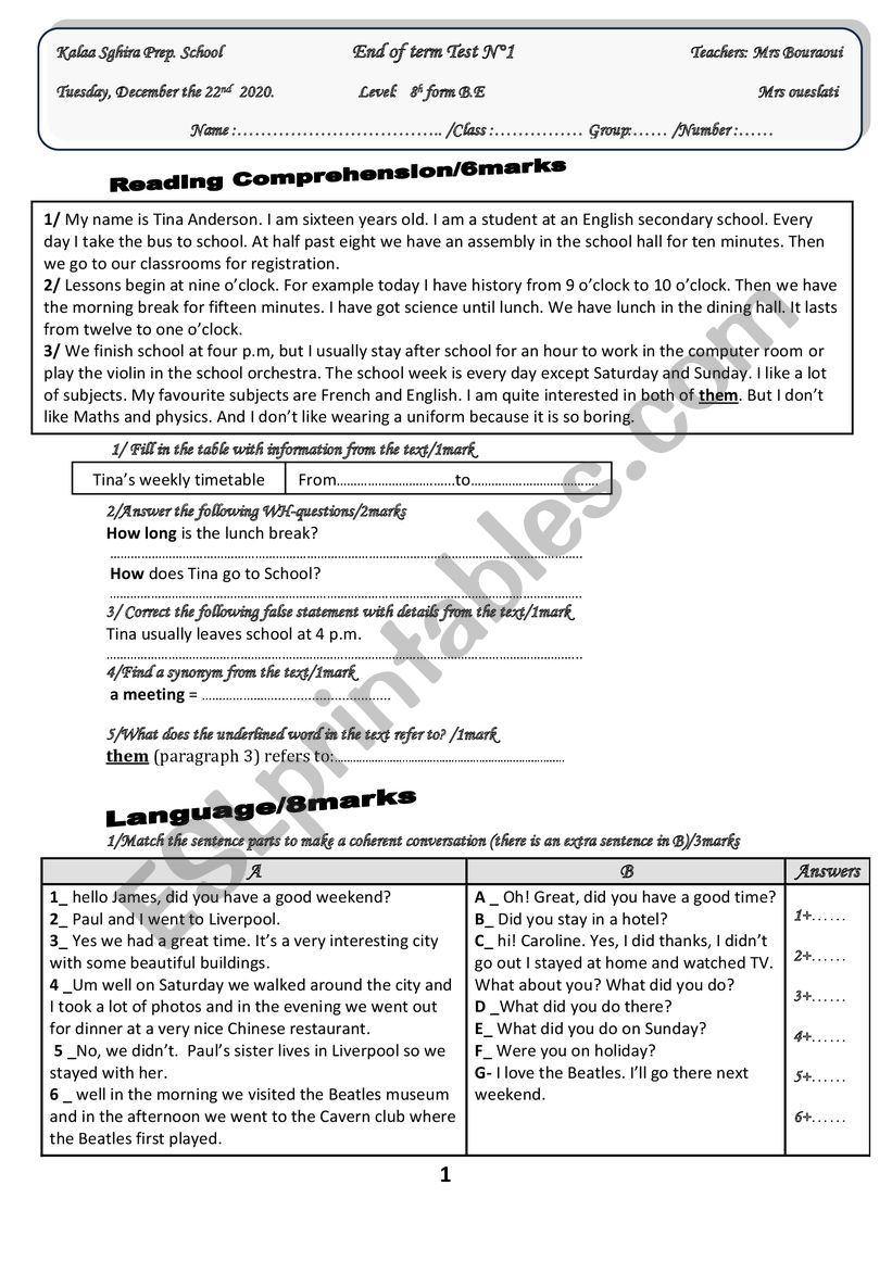 school worksheet