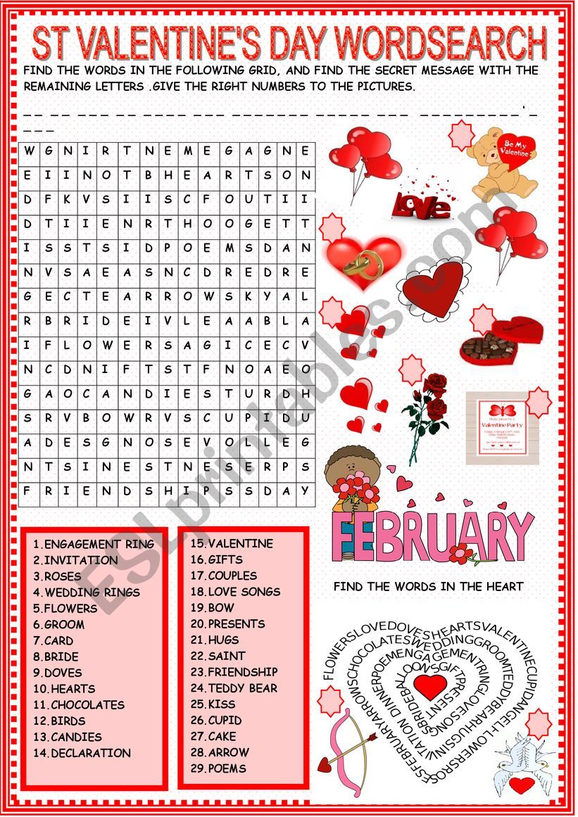 St Valentine�s day wordsearch with KEy
