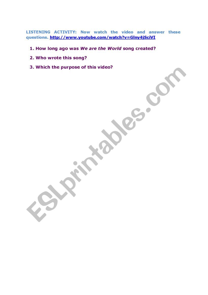 We are the World. Song worksheet