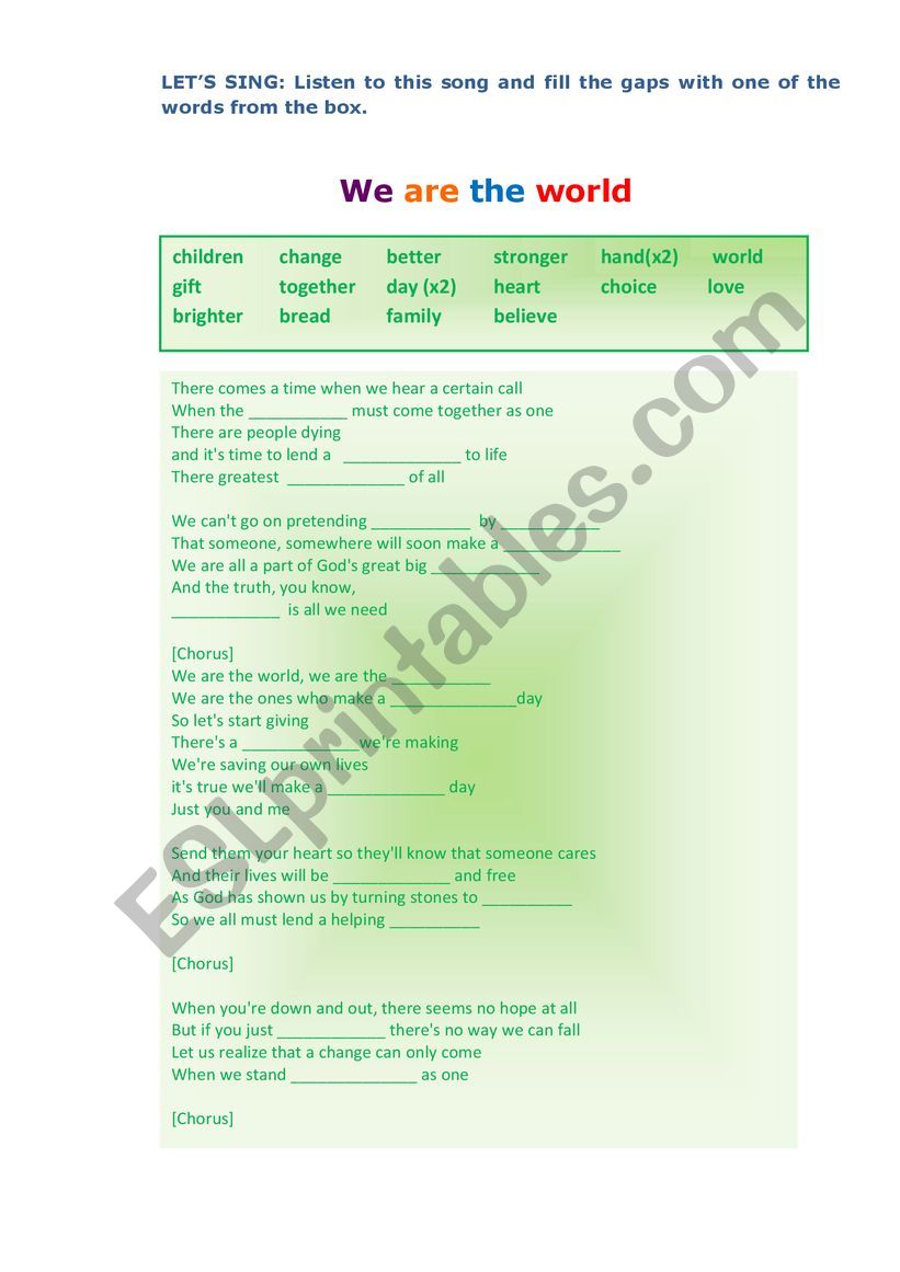 we are the world lyrics singers - ESL worksheet by Flor1801