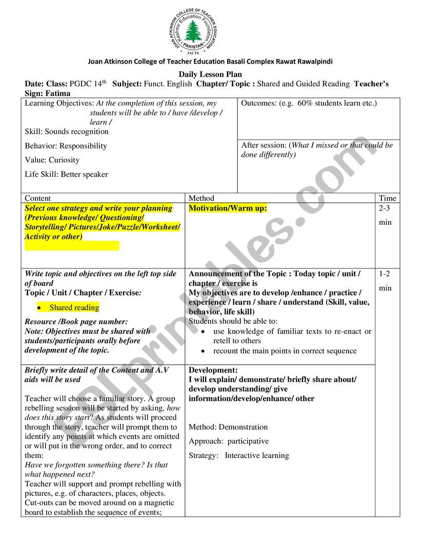 Reading and Writing worksheet
