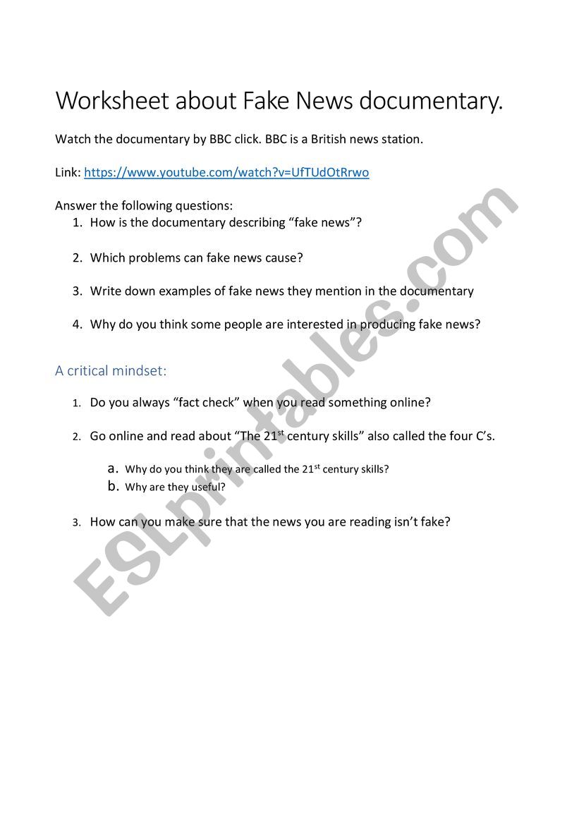 Worksheet about Fake News documentary