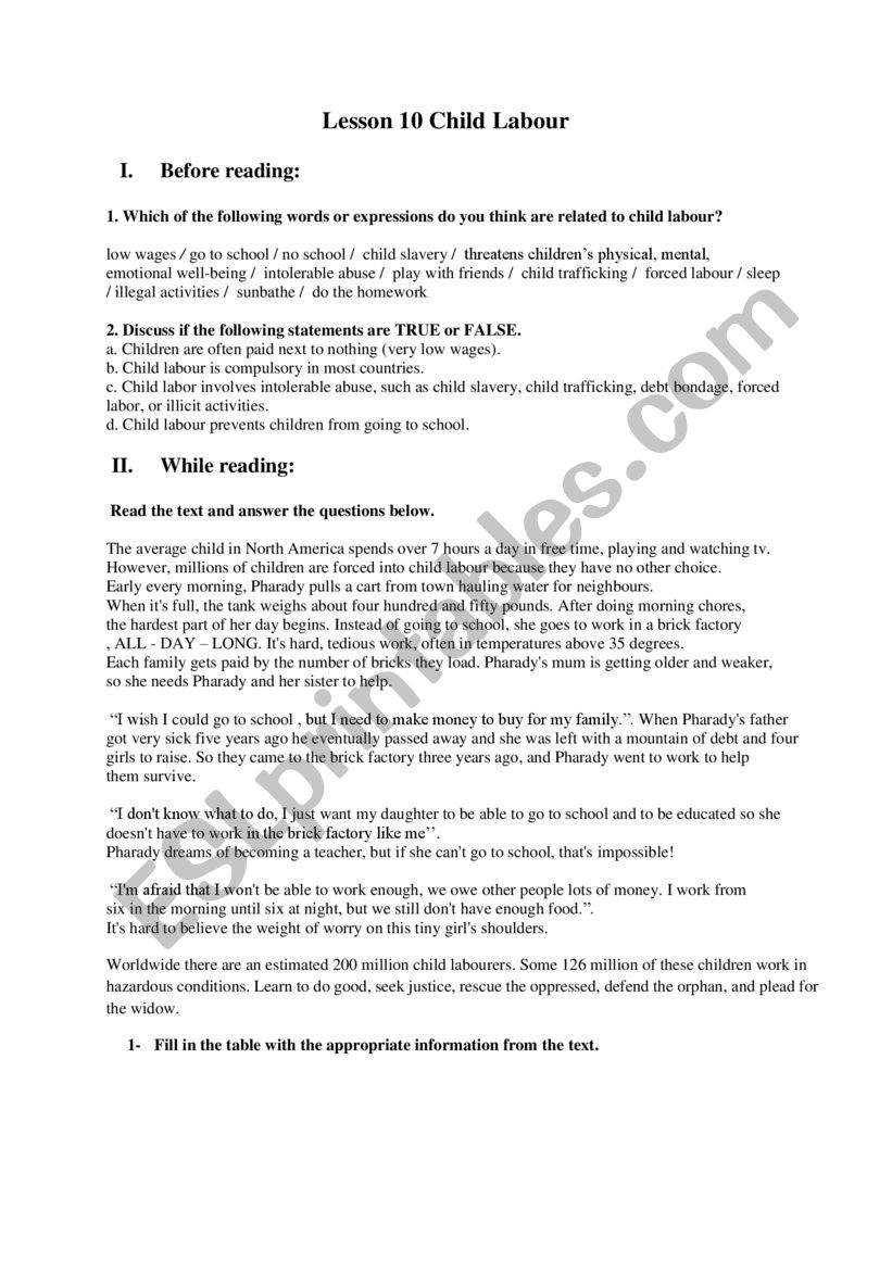 LESSON 10 CHILD LABOUR worksheet