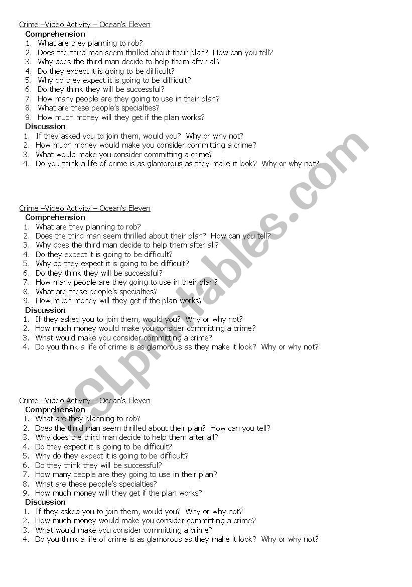 Oceans Eleven video activity worksheet