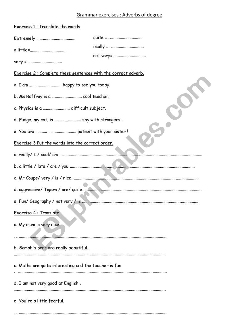 Adverbs of degreee practise worksheet