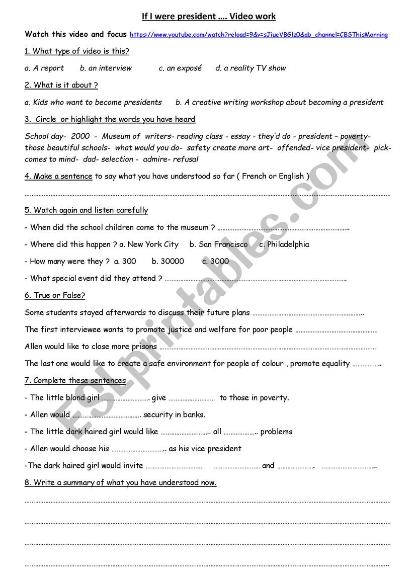 IF I WERE PRESIDENT worksheet