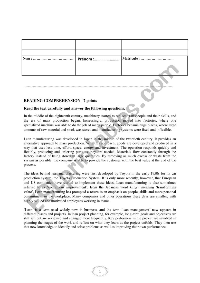evaluation test worksheet