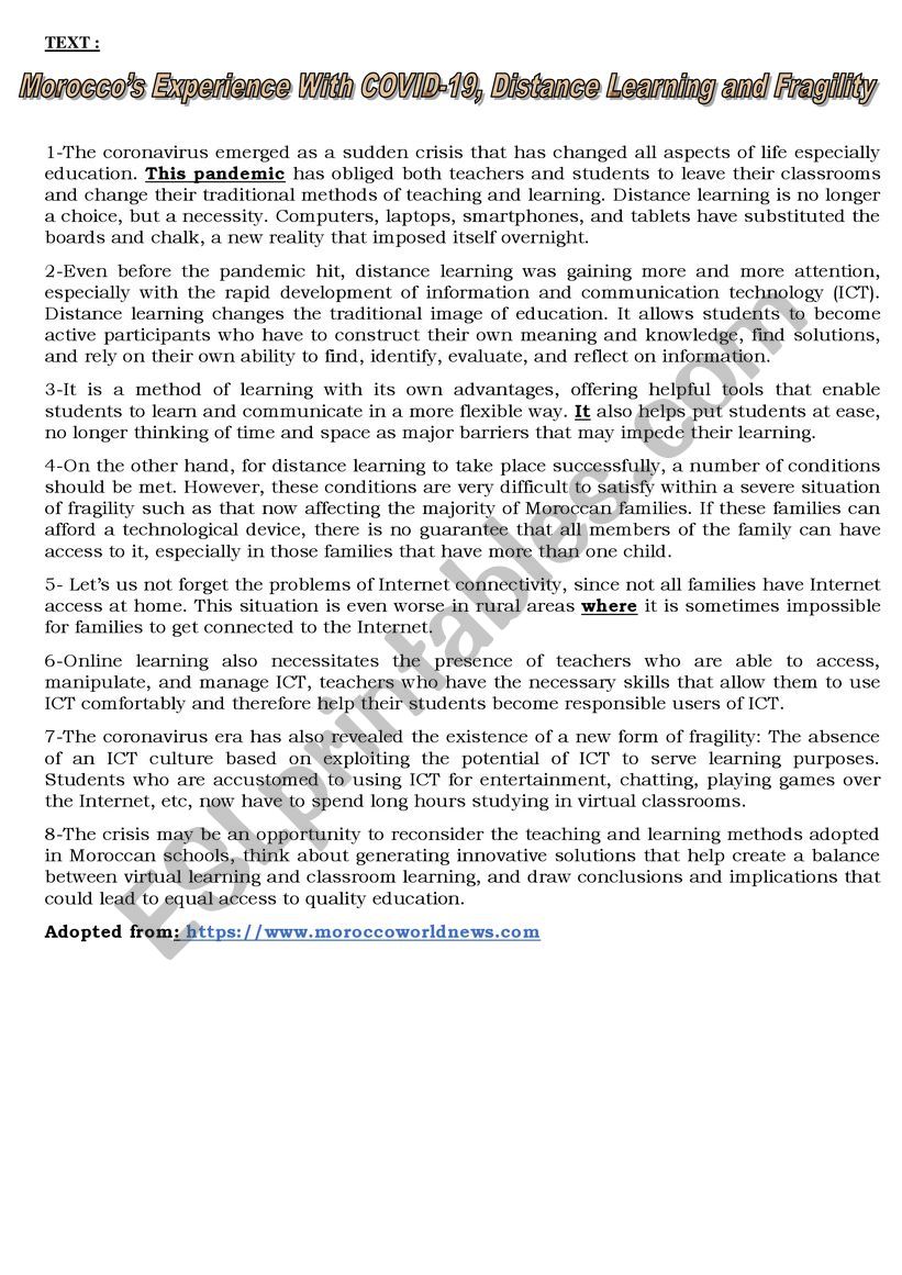 distance learning worksheet