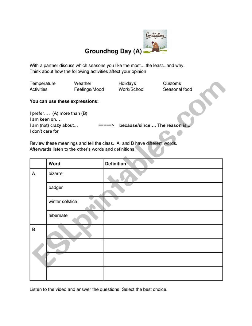 Groundhog Day (A) worksheet
