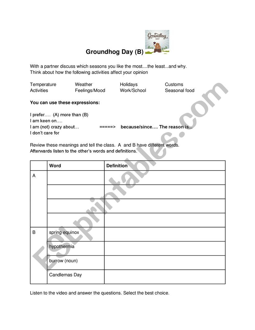 Groundhog Day (B) worksheet