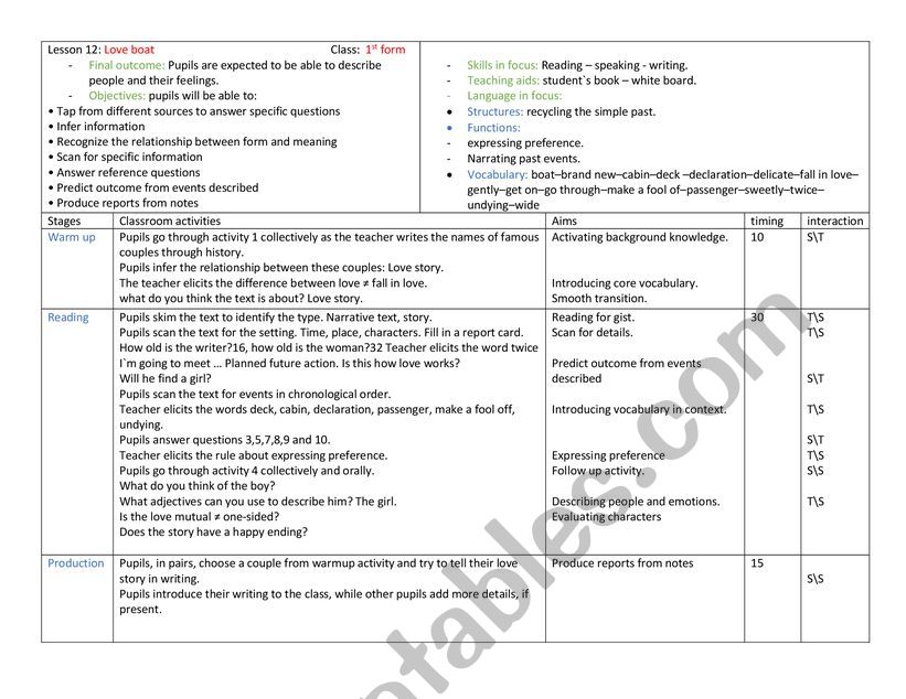 Love boat worksheet