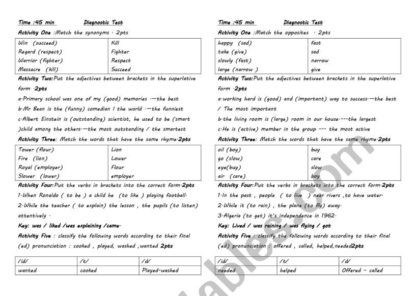 Diagnostic test worksheet