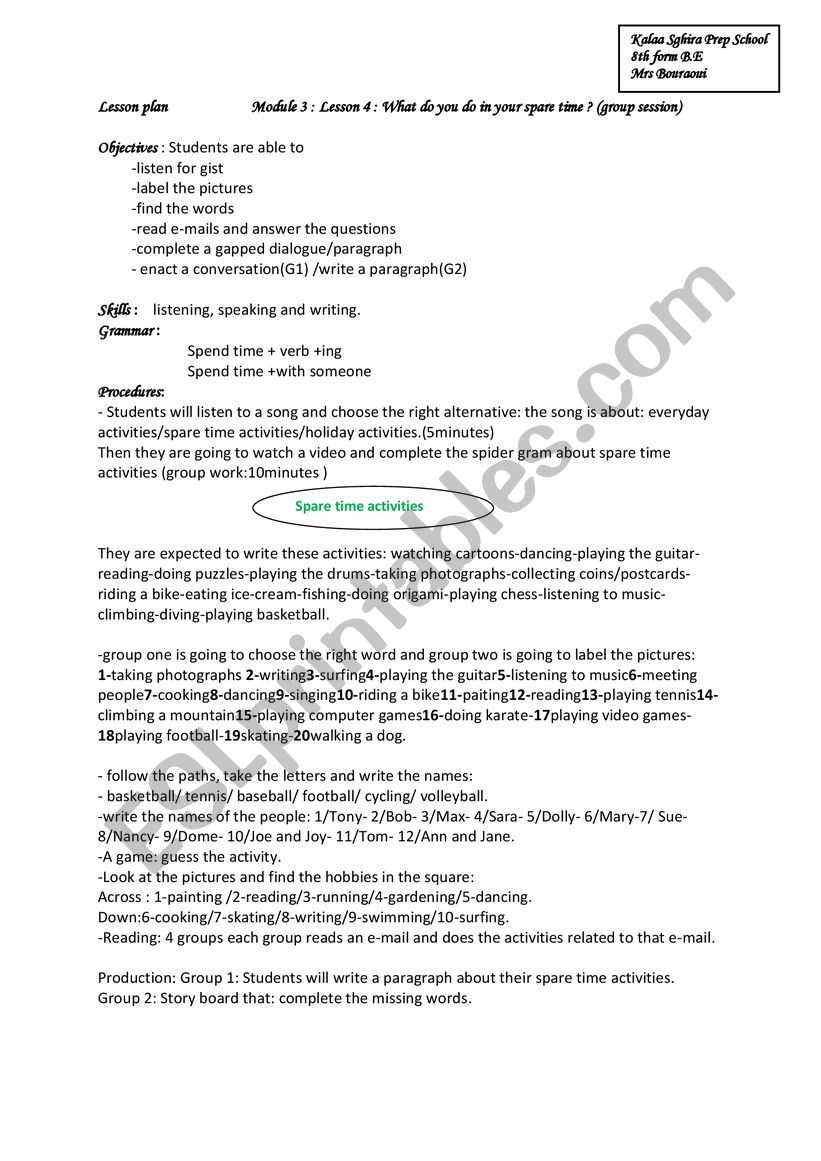 lesson plan sport worksheet