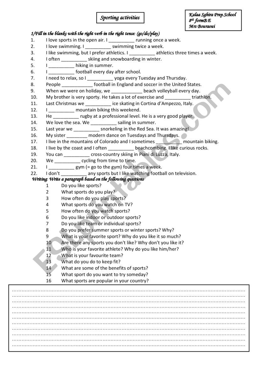 sports worksheet