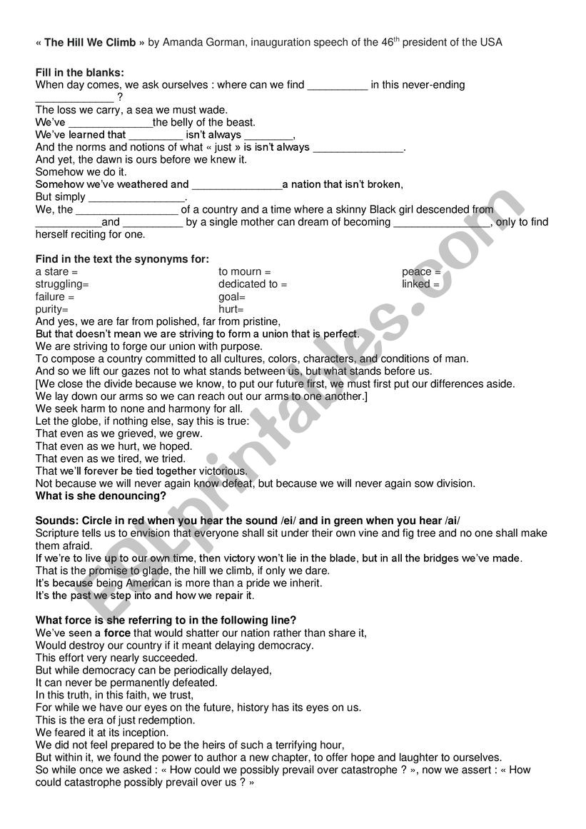 amanda-gorman-the-hill-we-climb-esl-worksheet-by-mariane13