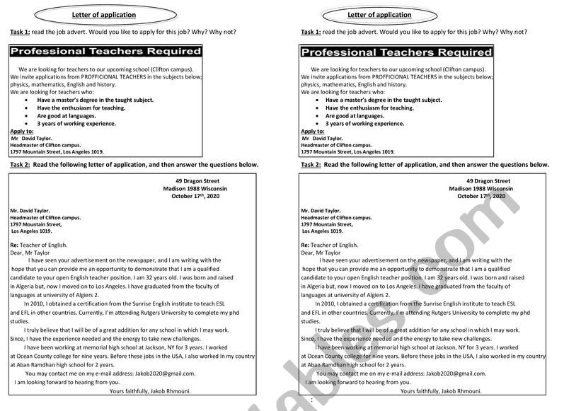 APPLICATION  LETTER worksheet