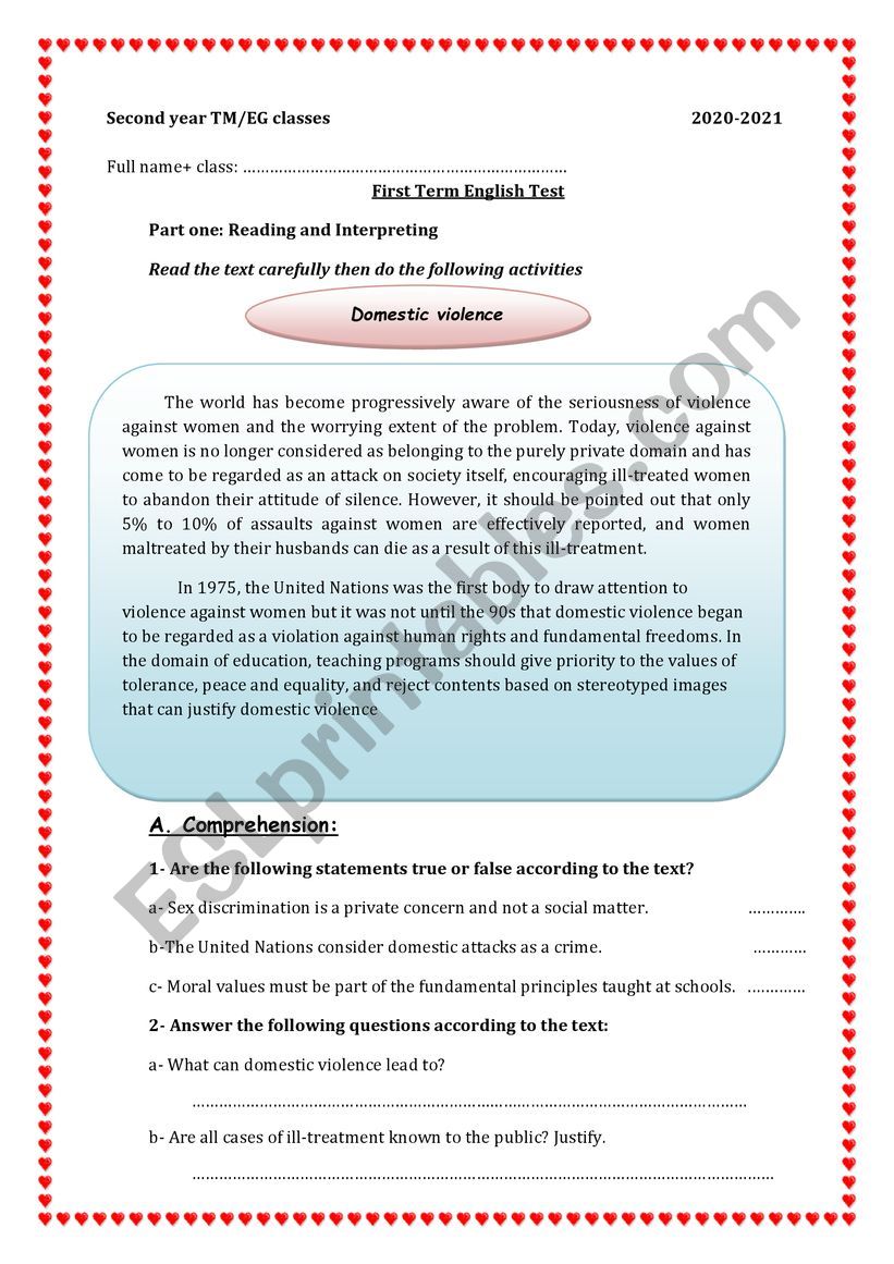 DOMESTIC VIOLENCE worksheet