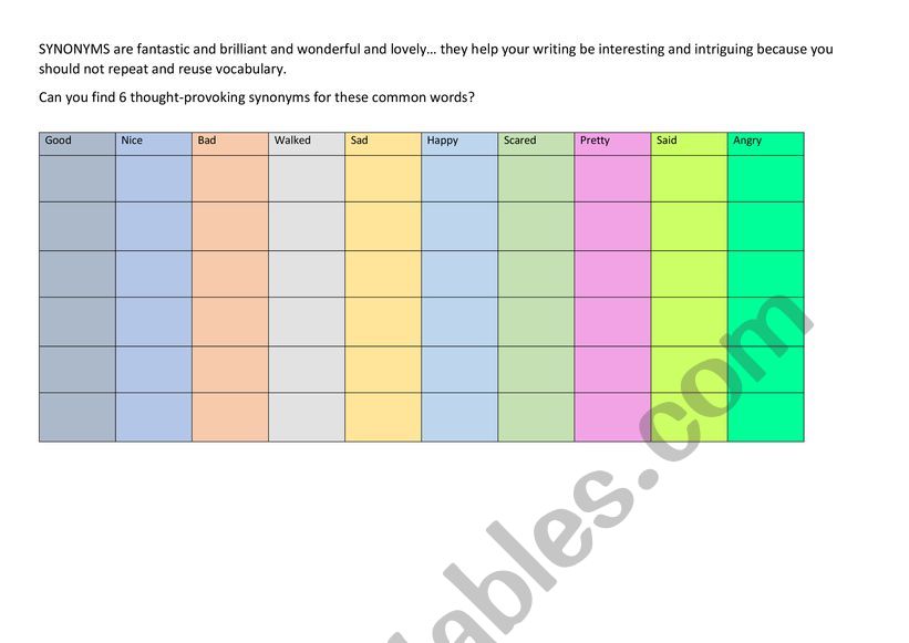 Synonyms worksheet