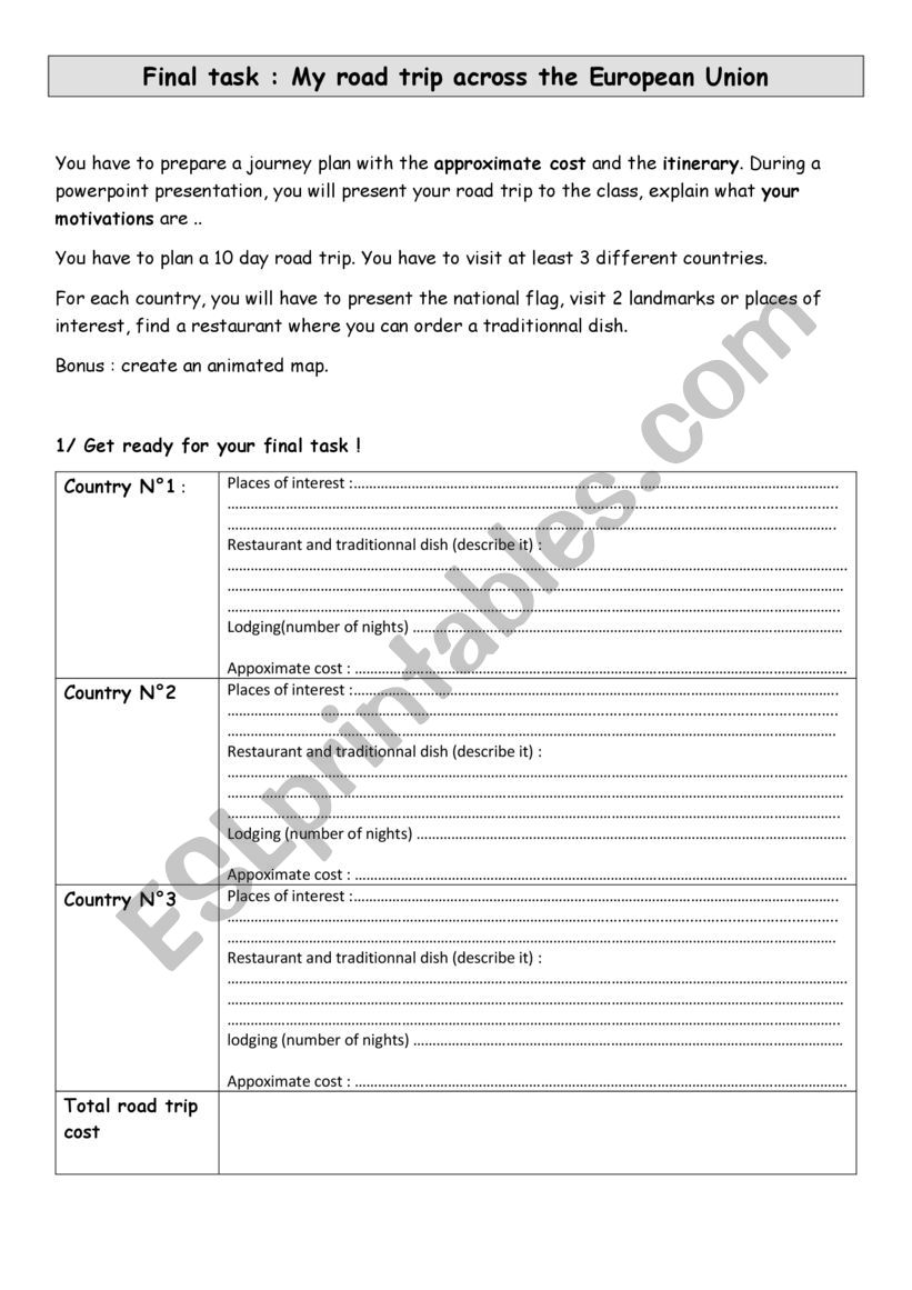 Road trip across Europe worksheet