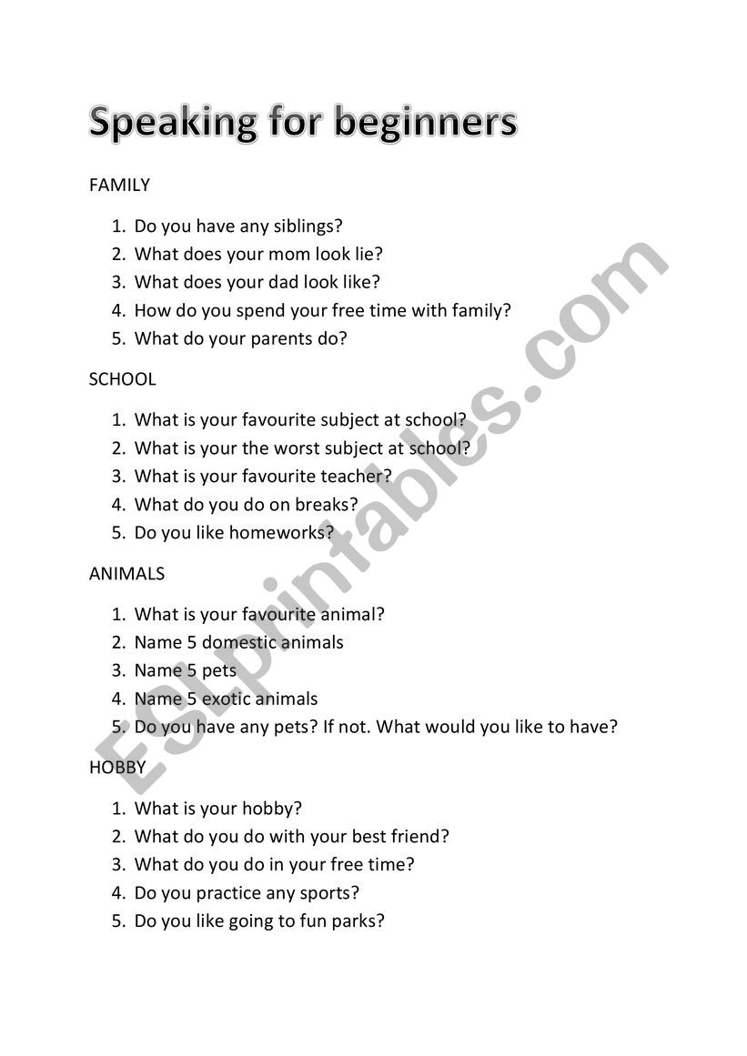 speaking for beginners worksheet