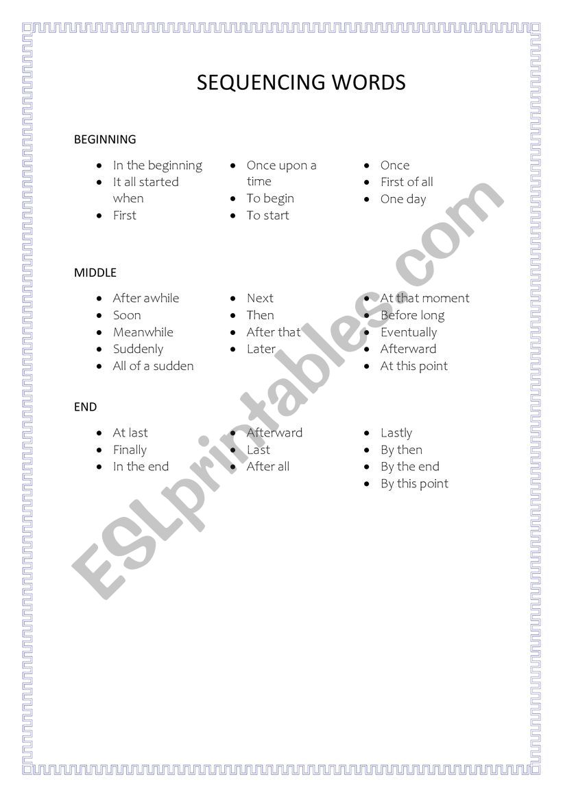 Sequencing vocabulary worksheet