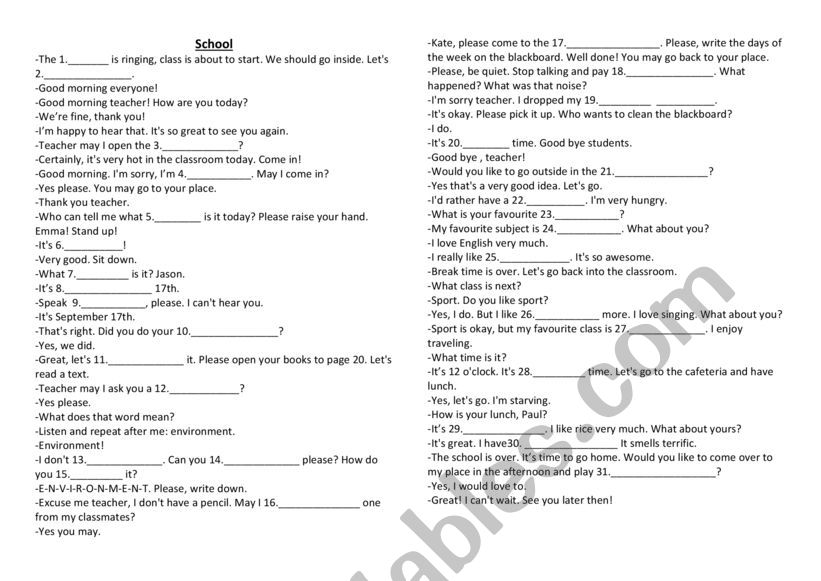 School Dialogue worksheet