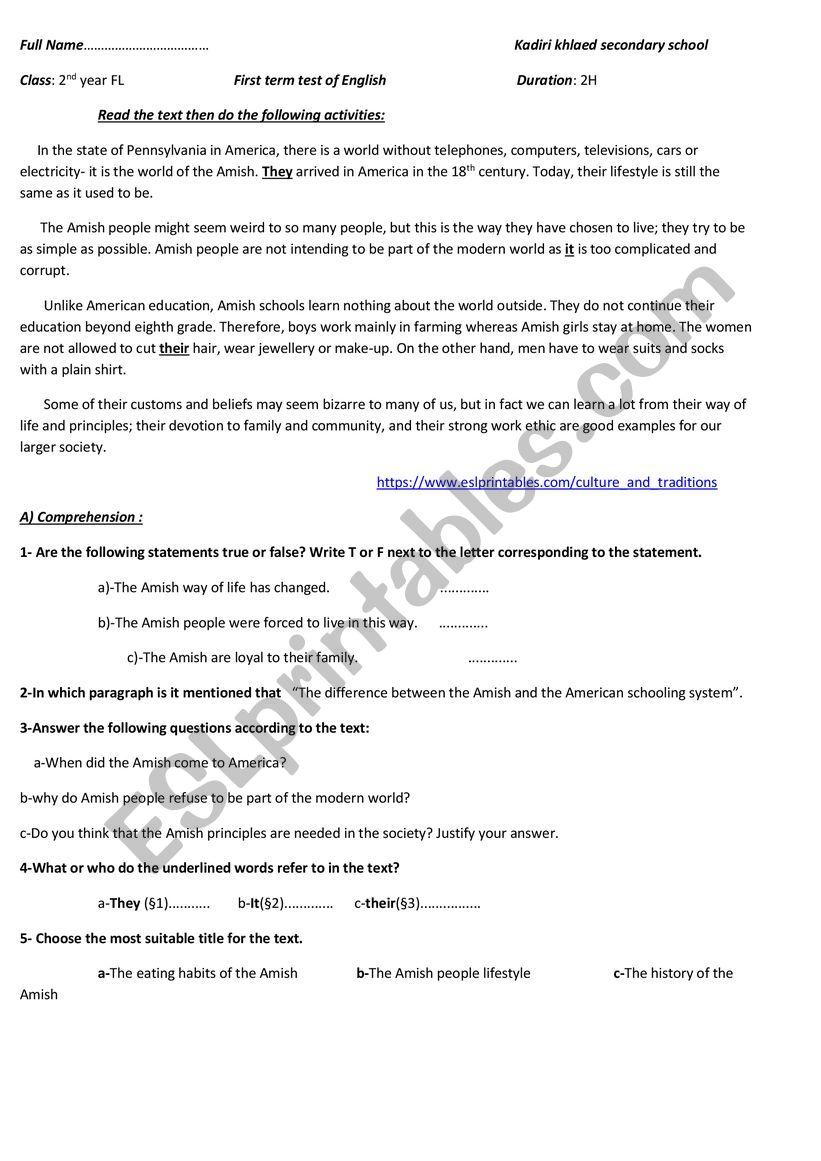 first term test 2LE worksheet