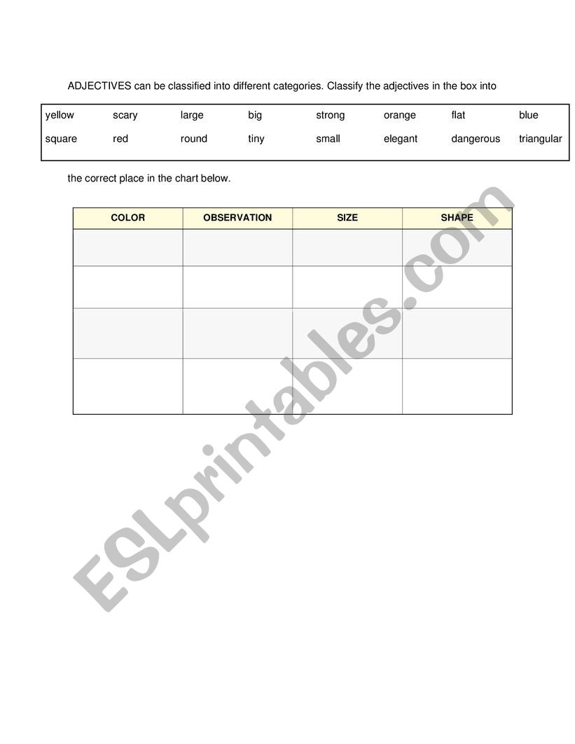 Types of adjectives worksheet