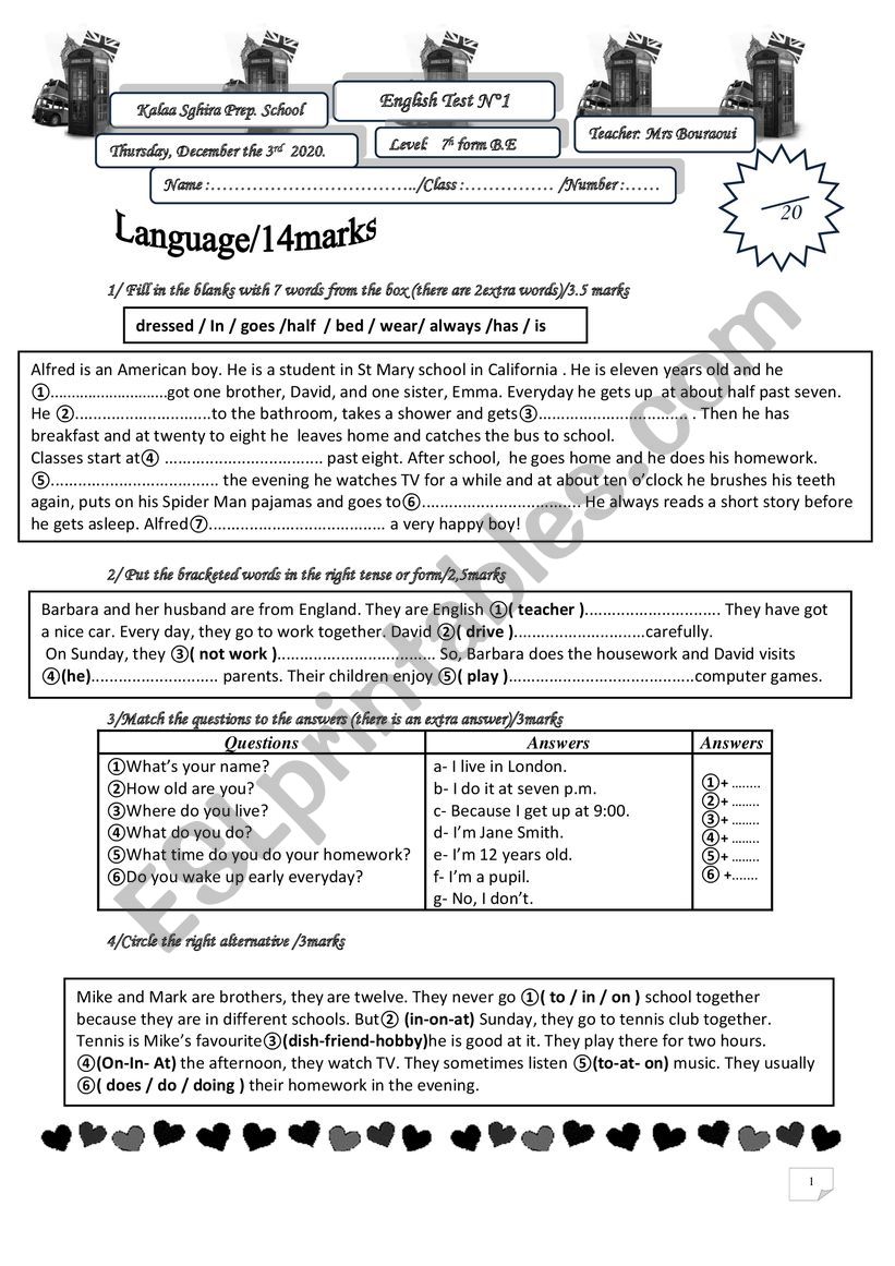  7th form test n1 worksheet