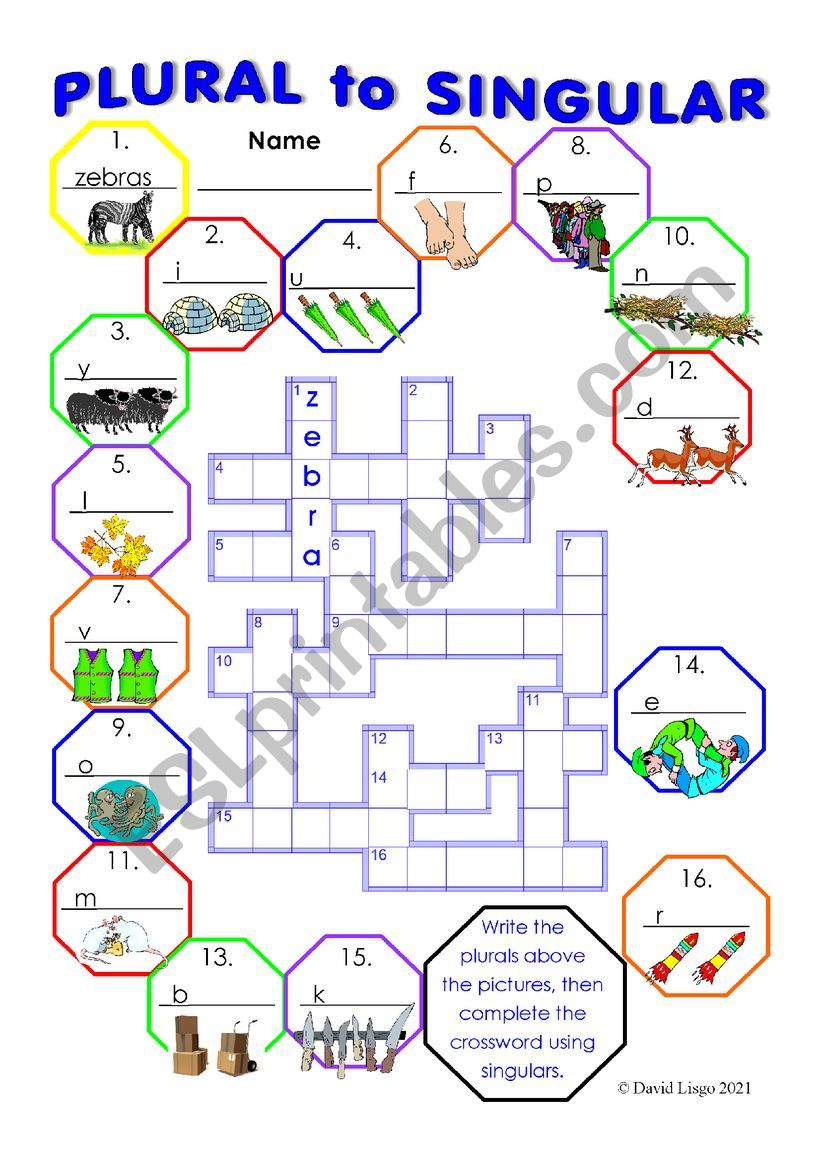 Plurals to Singular Crossword 1 with keys.