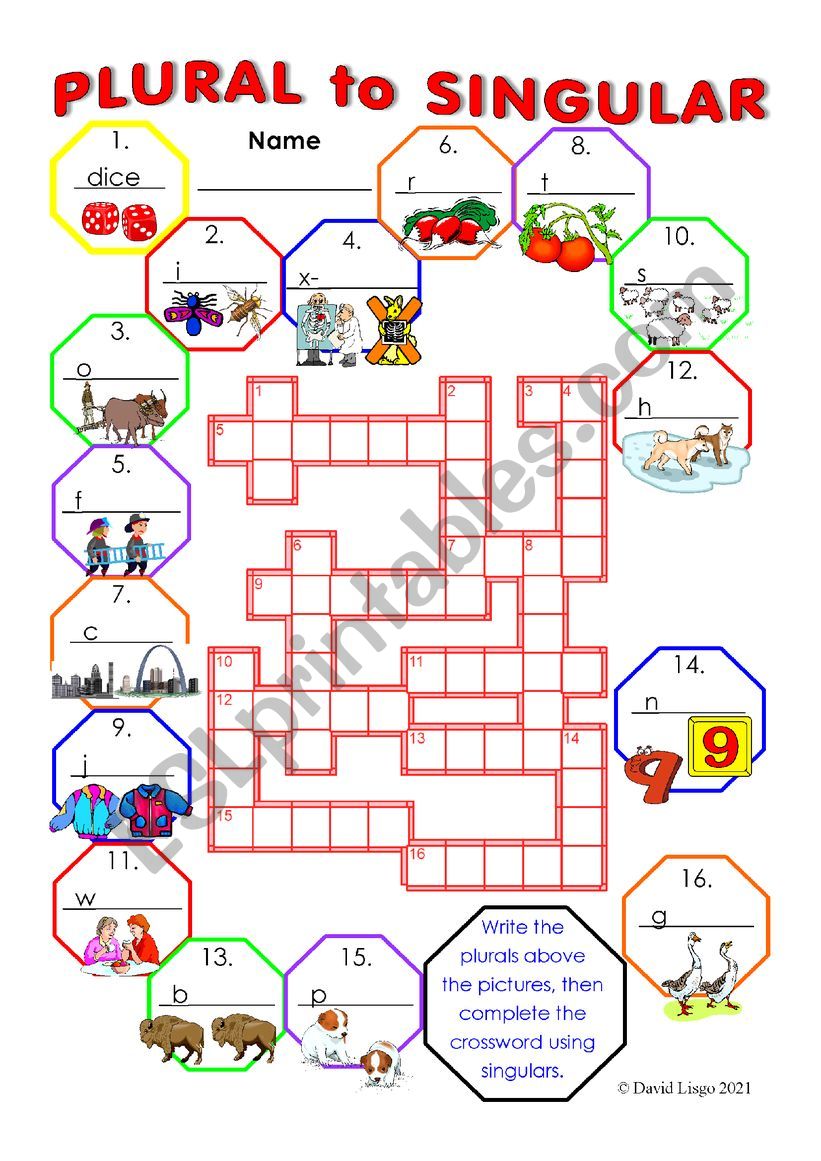 Plurals to Singular Crossword 2 with keys.