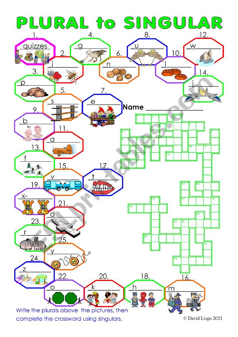 Plurals to Singular Crossword 3 with keys.