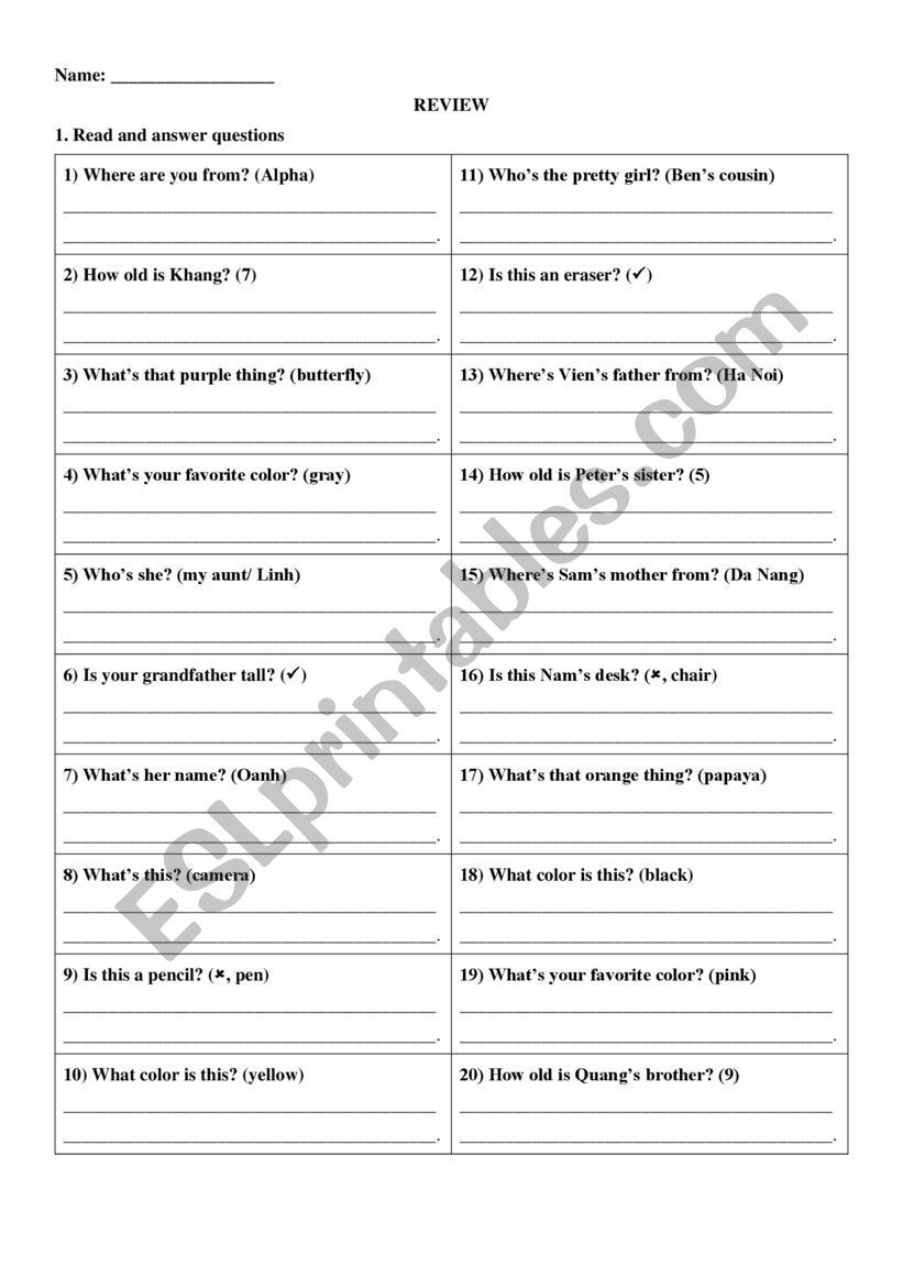 places worksheet